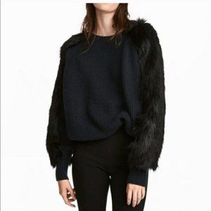 H&M Navy Knit Sweater, Black Faux Fur Sleeves